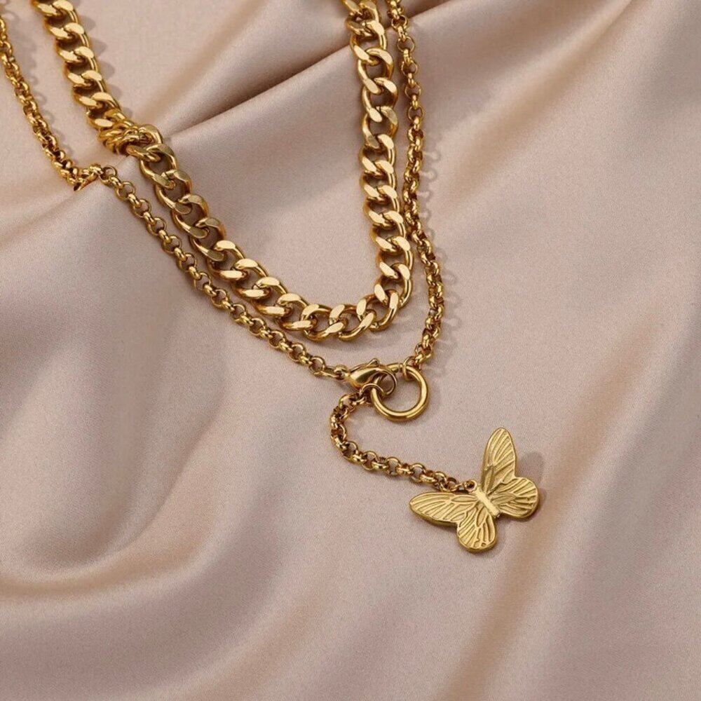 NEW Chunky Layered Necklace Butterfly Pendant Lariat 18K Plated Cuban Chain